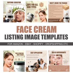 May include: A promotional image for face cream products. The image features various product shots, including jars of cream, along with text such as "Soothing Sensation" and "Safe for All Skin Types." The image is designed for use on e-commerce platforms.