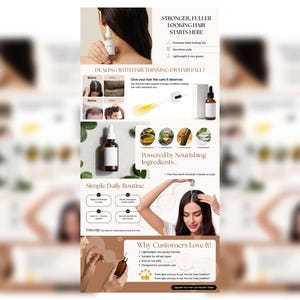 Puede incluir: Un anuncio de un producto para el cuidado del cabello. La imagen presenta una botella marr&oacute;n con una etiqueta blanca y un cuentagotas, con el texto "STRONGER, FULLER LOOKING HAIR STARTS HERE". El anuncio incluye fotos de antes y despu&eacute;s y una mujer aplicando el producto.