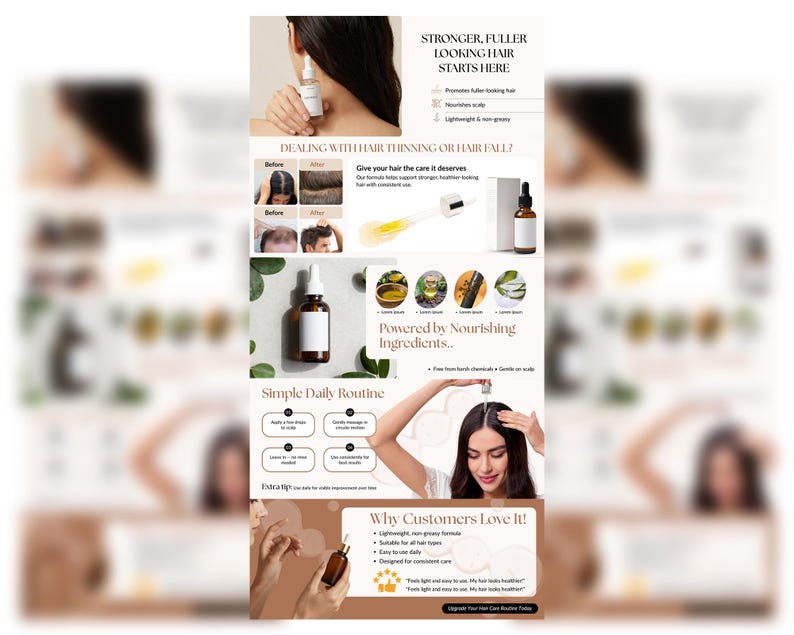 Puede incluir: Un anuncio de un producto para el cuidado del cabello. La imagen presenta una botella marr&oacute;n con una etiqueta blanca y un cuentagotas, con el texto "STRONGER, FULLER LOOKING HAIR STARTS HERE". El anuncio incluye fotos de antes y despu&eacute;s y una mujer aplicando el producto.