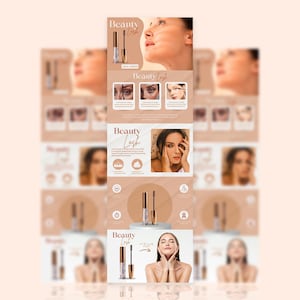 May include: A product page for a lash growth serum called "Beauty Lash". The page features a photo of a woman with long eyelashes, a close-up of the serum bottle, and a description of the product's benefits. The text on the page says "Beauty Lash" and "Longer, thicker, and stronger lashes".