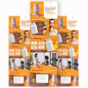 May include: A product advertisement for a dietary supplement. The ad features a bottle of pills, a woman with healthy skin, and a description of the product's benefits. The text reads "Unlock Your Best Health. Premium Supplement Name for Optimal Wellness. Made with Premium-Studied Ingredients. 800mg. 1 month supply. 100% natural. 120 capsules. 2 capsules a day. Only the finest ingredients for your health and wellness. Real People, Real Results. What Our Customers Say."