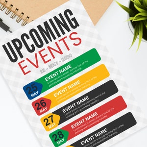 Op de afbeelding: Een witte flyer met een rood, zwart en groen kleurenschema kondigt aankomende evenementen aan van 25 mei tot en met 28 mei. Elke dag heeft een gekleurd vak met de datum en de tekst "EVENT NAME", gevolgd door een beschrijving.