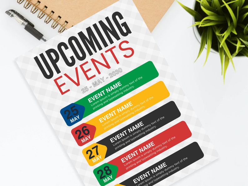 Op de afbeelding: Een witte flyer met een rood, zwart en groen kleurenschema kondigt aankomende evenementen aan van 25 mei tot en met 28 mei. Elke dag heeft een gekleurd vak met de datum en de tekst "EVENT NAME", gevolgd door een beschrijving.