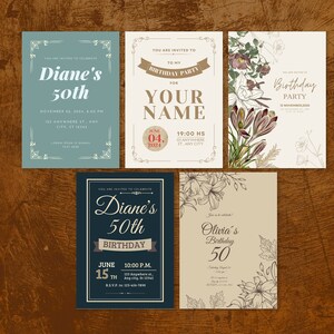Cartões de convite com tema de aniversário vintage, modelo de convite de aniversário vintage, vintage editável, convite de aniversário, para impressão, CANVA