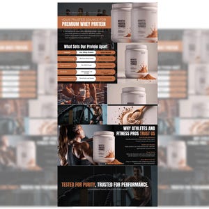May include: An advert for whey protein, featuring images of the product and athletes. Text includes "Premium Whey Protein", "What Sets Our Protein Apart", and "Why Athletes and Fitness Pros Trust Us". The product is in white containers.