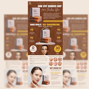 Könnte beinhalten: Eine braune Seife mit einem Etikett, auf dem "Dark Spot Remover Soap for a Flawless Glow" steht. Die Seife liegt auf einem weißen Teller mit braunem Hintergrund. Das Bild zeigt auch Vorher- und Nachher-Fotos eines Gesichts, die die Ergebnisse der Verwendung der Seife zeigen. Der Text "Visible Results - Real Transformations Perfect for All Skin Types" ist ebenfalls im Bild enthalten.