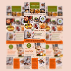 May include: A colorful brochure with images of food and text about a cookbook. The text includes "Why This Book?", "A Glimpse into the Pages", "Includes Bonus Downloadable Free", "200+ Recipes", "Show-Stopping Mains", "Decadent Desserts", "Secret Chef's Tips", and "The Journey from Kitchen to Plate".