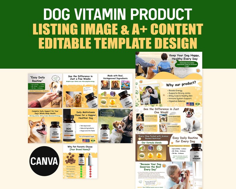 Dog Vitamin A+ Content Template & Product Listing Images | Amazon Pet Supplement Editable Canva Template | Pet Product Seller Branding Kit
