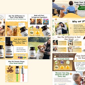 May include: Promotional image for dog multivitamins. The image features various product shots, including bottles of dog vitamins, along with text highlighting benefits like boosted energy and healthy skin. The image also includes photos of dogs.