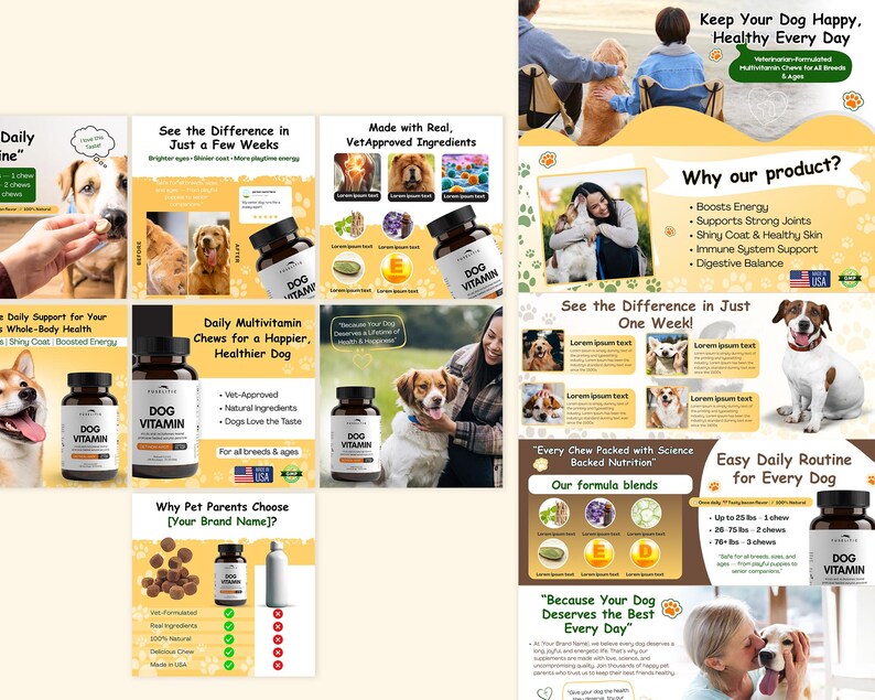 May include: Promotional image for dog multivitamins. The image features various product shots, including bottles of dog vitamins, along with text highlighting benefits like boosted energy and healthy skin. The image also includes photos of dogs.