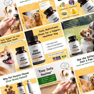 May include: A collage of images promoting dog vitamins. The images feature bottles of "Dog Vitamin" and dogs of various breeds. Text includes "Daily Multivitamin Chews for a Happier, Healthier Dog" and "See the Difference in Just a Few Weeks."