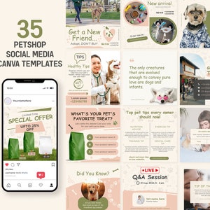 Può includere: Una collezione di 35 modelli di Canva per i social media per negozi di animali domestici. I modelli presentano immagini di cani, gatti e altri animali domestici, nonché testo su cure per animali domestici, prodotti e servizi. I modelli sono progettati per essere utilizzati su piattaforme come Instagram e Facebook.