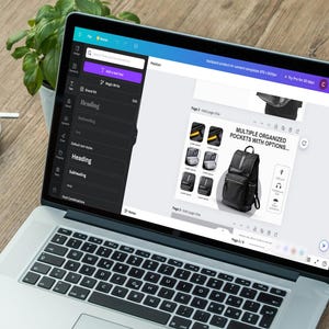 K&ouml;nnte beinhalten: Ein Laptop-Bildschirm zeigt eine Website zum Erstellen von Marketingmaterialien. Die Website zeigt einen schwarzen Rucksack mit mehreren Taschen und den Text "MULTIPLE ORGANIZED POCKETS WITH OPTIONS..."