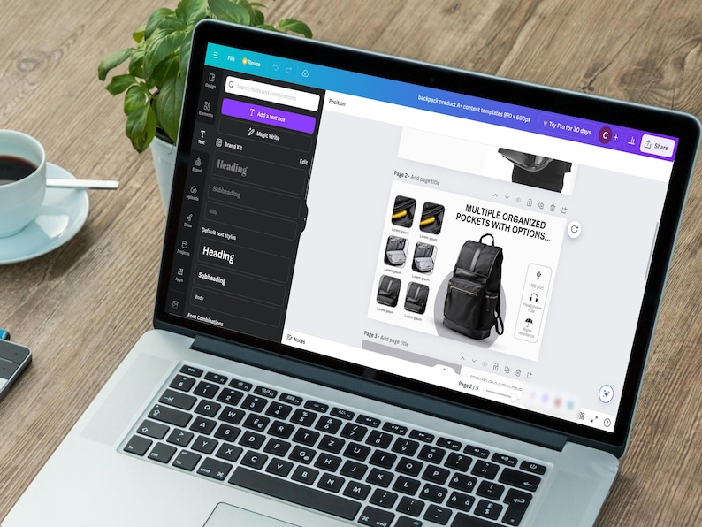 K&ouml;nnte beinhalten: Ein Laptop-Bildschirm zeigt eine Website zum Erstellen von Marketingmaterialien. Die Website zeigt einen schwarzen Rucksack mit mehreren Taschen und den Text "MULTIPLE ORGANIZED POCKETS WITH OPTIONS..."