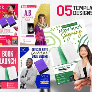 Puede incluir: Cinco plantillas de portada de libro diferentes para un lanzamiento de libro o una sesi&oacute;n de firma de libros. Las plantillas presentan una variedad de colores y dise&ntilde;os, incluyendo rosa, verde, azul y blanco. El texto en las plantillas incluye "Lanzamiento de libro", "Lanzamiento de libro", "Nueva firma de libros", "Lanzamiento oficial de libro y firma de libros" y "Disponible ahora en Amazon".