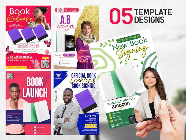 Puede incluir: Cinco plantillas de portada de libro diferentes para un lanzamiento de libro o una sesi&oacute;n de firma de libros. Las plantillas presentan una variedad de colores y dise&ntilde;os, incluyendo rosa, verde, azul y blanco. El texto en las plantillas incluye "Lanzamiento de libro", "Lanzamiento de libro", "Nueva firma de libros", "Lanzamiento oficial de libro y firma de libros" y "Disponible ahora en Amazon".