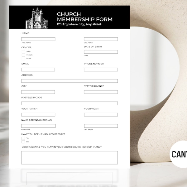 Printable church membership form, Editable church membership, form, CANVA, A4, Church form, membership form, Simple church membership form