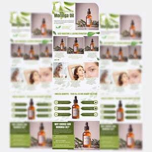 Peut inclure: Une page de produit pour l'huile de Moringa pressée à froid, mettant en vedette un flacon d'huile, une femme à la peau éclatante et une liste d'avantages. Le texte sur la page met en évidence les propriétés hydratantes profondes et durables de l'huile, ainsi que ses avantages infinis pour la peau et les cheveux.