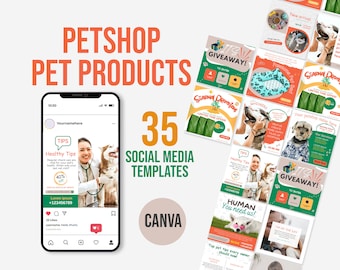 Modelos de postagens para redes sociais de pet shops: editáveis no Canva (download digital)