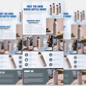May include: A flyer advertising a family of water bottles. The flyer features images of the bottles in various settings, including a forest, a beach, and a city. The flyer also includes text about the features of the bottles, such as their double-wall vacuum insulation, leak-proof design, and modern matte finish.