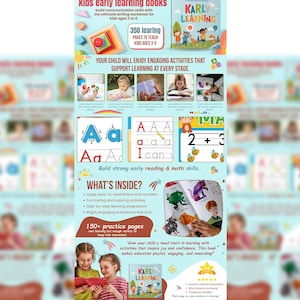 Op de afbeelding: Een promotieafbeelding voor "Karly Learning" vroege leerboeken. De afbeelding toont de boekomslag, voorbeelden van pagina's met letters en cijfers, en tekst die de kenmerken van het boek benadrukt, waaronder 350 leerpagina's voor kinderen van 3-5 jaar.