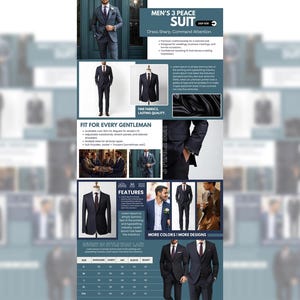 Può includere: Una pubblicità per abiti da uomo. L'immagine presenta un uomo in abito grigio, insieme ad altri stili di abiti. Il testo include "MEN'S 3 PEACE SUIT" e "Dress Sharp. Command Attention."