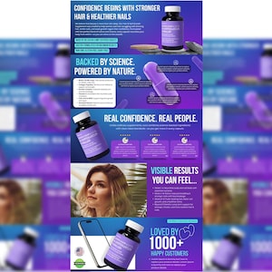 Può includere: Grafica promozionale viola e bianca con il testo "CONFIDENCE BEGINS WITH STRONGER HAIR & HEALTHIER NAILS." Viene mostrata una bottiglia di integratori, insieme alle frasi "BACKED BY SCIENCE. POWERED BY NATURE." e "VISIBLE RESULTS YOU CAN FEEL..."