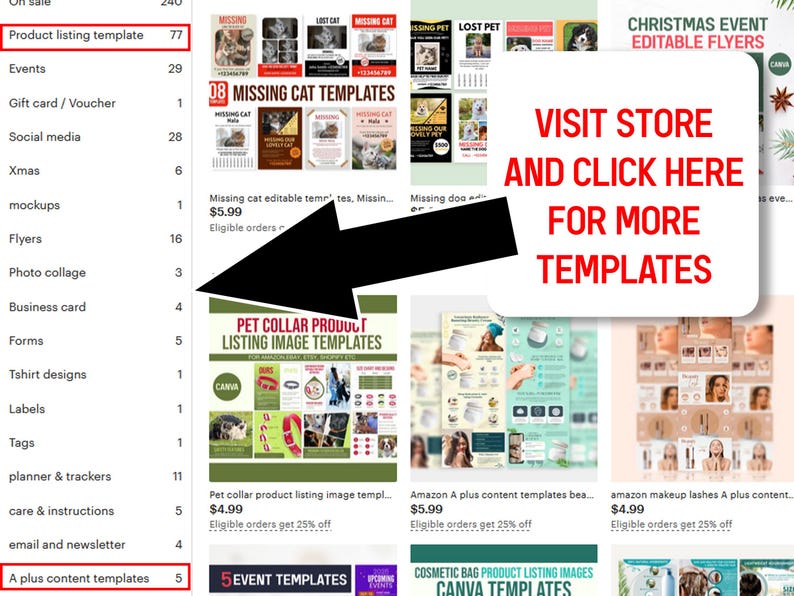 Puede incluir: Un listado de productos digitales que presenta varias plantillas, incluidas plantillas de im&aacute;genes de listado de productos para collares de mascotas y plantillas de gatos perdidos. Se incluye el texto "VISITA LA TIENDA Y HAZ CLIC AQU&Iacute; PARA M&Aacute;S PLANTILLAS".