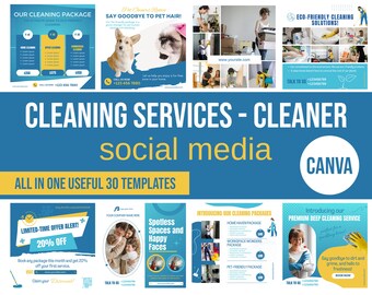 Cleaning Service Social Media Templates: 30 Canva Designs