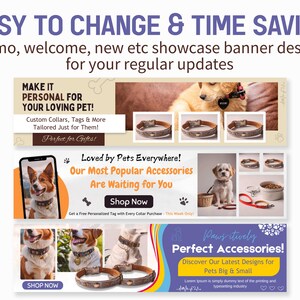 Puede incluir: Dise&ntilde;os de banners promocionales para accesorios para mascotas. El banner incluye el texto "F&aacute;cil de cambiar y ahorrar tiempo". El banner muestra collares, etiquetas y accesorios personalizados para mascotas. El banner tambi&eacute;n incluye el texto "Comprar ahora".
