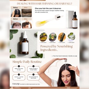 Puede incluir: Una botella de vidrio marr&oacute;n con una etiqueta blanca y un cuentagotas, junto a una caja blanca. La imagen incluye texto sobre el cuidado del cabello, fotos de antes y despu&eacute;s, y una mujer aplicando el producto. El texto dice "Powered by Nourishing Ingredients."