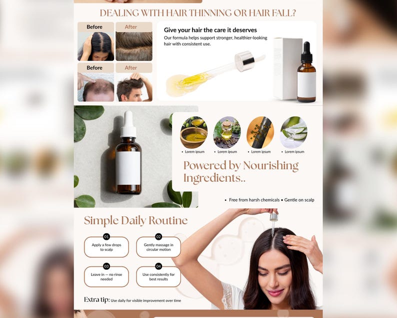 Puede incluir: Una botella de vidrio marr&oacute;n con una etiqueta blanca y un cuentagotas, junto a una caja blanca. La imagen incluye texto sobre el cuidado del cabello, fotos de antes y despu&eacute;s, y una mujer aplicando el producto. El texto dice "Powered by Nourishing Ingredients."