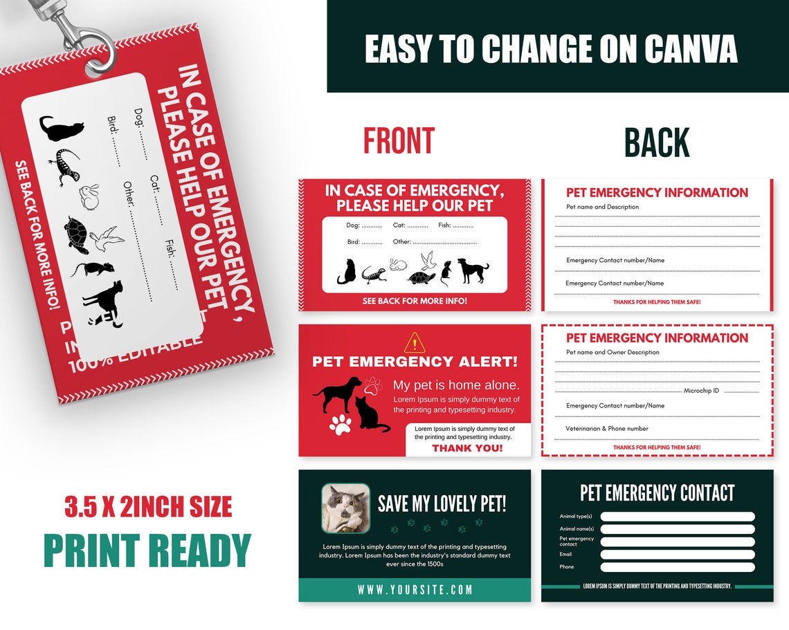 Pet Emergency Contact Cards, Pet Home Alone Templates, Emergency Pets