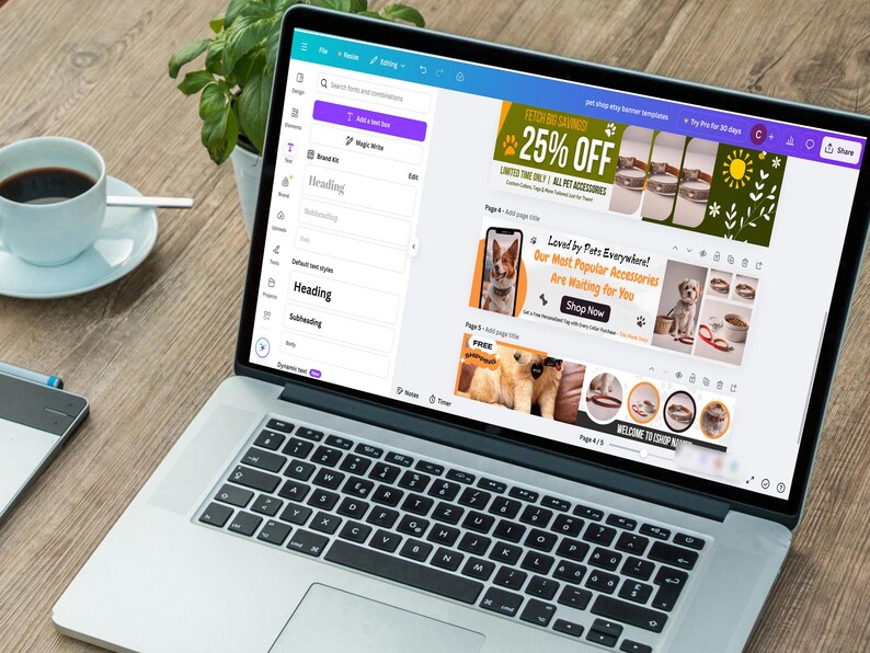 Puede incluir: Un ordenador port&aacute;til muestra una plantilla de banner de tienda de mascotas con una promoci&oacute;n del 25% de descuento. El banner incluye im&aacute;genes de mascotas y accesorios, con el texto "&iexcl;Amado por las mascotas en todas partes!" y "Comprar ahora."