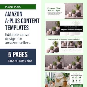 May include: A digital template set for Amazon A-Plus content featuring five pages of product graphics for a four-piece ceramic plant pot set. The design includes text, product photography of geometric pots with plants, and layout elements.