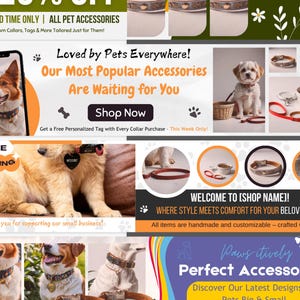 Puede incluir: Banner promocional de accesorios para mascotas, con perros que llevan collares y etiquetas. El texto incluye "&iexcl;Amado por las mascotas de todas partes!" y "Comprar ahora." El banner destaca collares y etiquetas personalizados, con un enfoque en art&iacute;culos hechos a mano y personalizables.