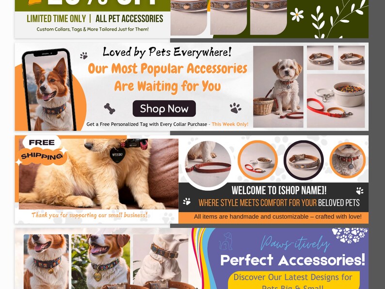 Puede incluir: Banner promocional de accesorios para mascotas, con perros que llevan collares y etiquetas. El texto incluye "&iexcl;Amado por las mascotas de todas partes!" y "Comprar ahora." El banner destaca collares y etiquetas personalizados, con un enfoque en art&iacute;culos hechos a mano y personalizables.