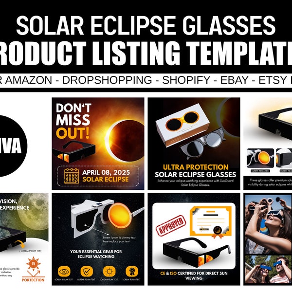 Solar Eclipse Glasses product listing template, Amazon listing, ebay listing, Solar Glasses, Sunglasses product listing, editable, template