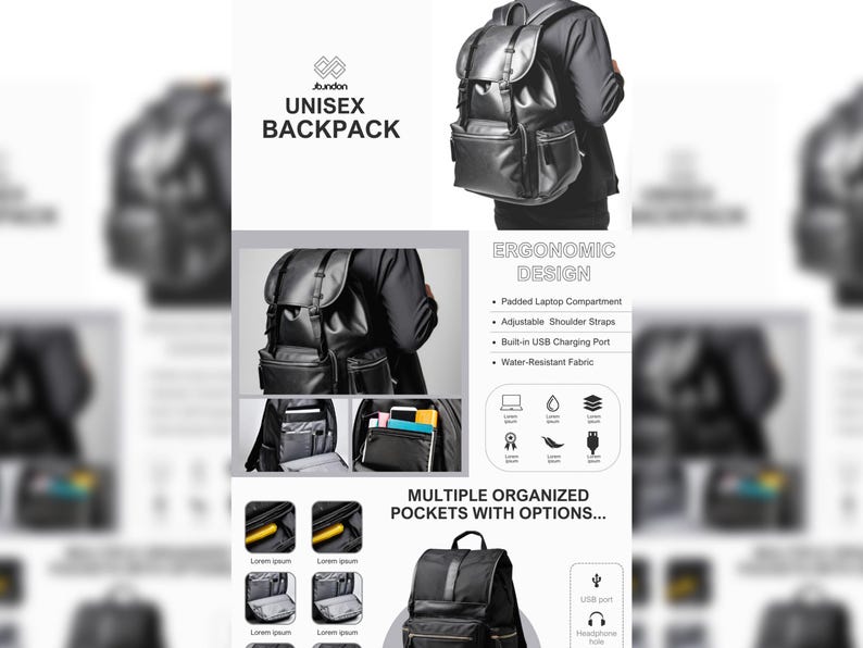 K&ouml;nnte beinhalten: Schwarzer Unisex-Rucksack mit mehreren Taschen und einem integrierten USB-Ladeanschluss. Der Rucksack verf&uuml;gt &uuml;ber ein gepolstertes Laptopfach, verstellbare Schultergurte und wasserabweisendes Material.