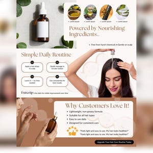 Puede incluir: Se muestra una botella de vidrio marr&oacute;n con un cuentagotas y una etiqueta blanca. La imagen incluye texto sobre una rutina de cuidado del cabello, incluidos los pasos de aplicaci&oacute;n y testimonios de clientes. El producto est&aacute; dise&ntilde;ado para un cuidado constante.