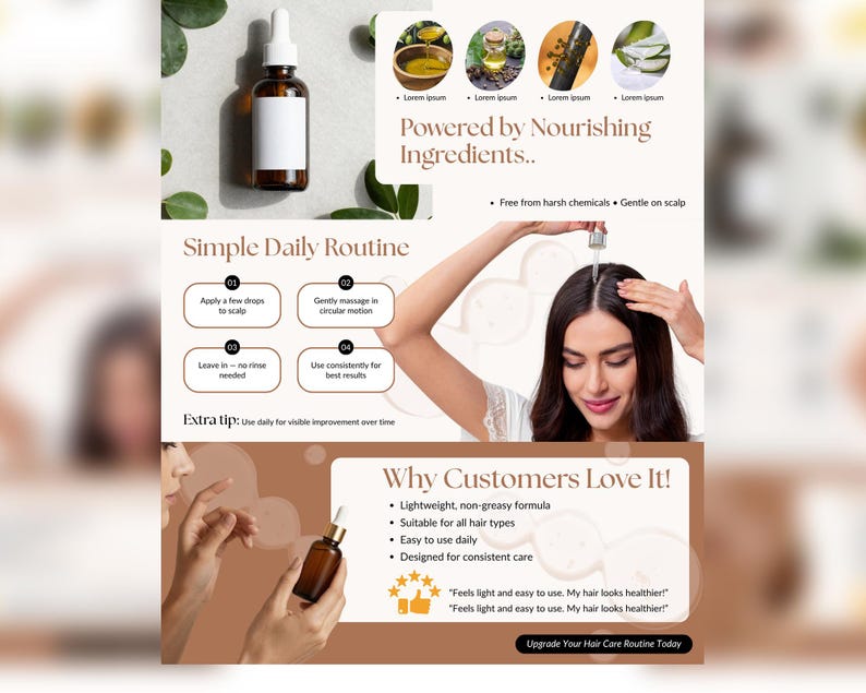 Puede incluir: Se muestra una botella de vidrio marr&oacute;n con un cuentagotas y una etiqueta blanca. La imagen incluye texto sobre una rutina de cuidado del cabello, incluidos los pasos de aplicaci&oacute;n y testimonios de clientes. El producto est&aacute; dise&ntilde;ado para un cuidado constante.