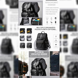 K&ouml;nnte beinhalten: Schwarzer Lederrucksack mit mehreren Taschen und F&auml;chern. Der Rucksack verf&uuml;gt &uuml;ber ein gepolstertes Laptopfach, verstellbare Schultergurte, einen integrierten USB-Ladeanschluss und wasserabweisendes Material. Der Rucksack ist ideal f&uuml;r Reisen, B&uuml;ro oder Freizeit.