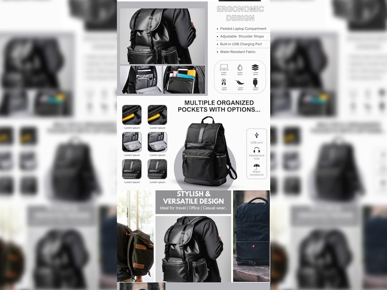K&ouml;nnte beinhalten: Schwarzer Lederrucksack mit mehreren Taschen und F&auml;chern. Der Rucksack verf&uuml;gt &uuml;ber ein gepolstertes Laptopfach, verstellbare Schultergurte, einen integrierten USB-Ladeanschluss und wasserabweisendes Material. Der Rucksack ist ideal f&uuml;r Reisen, B&uuml;ro oder Freizeit.
