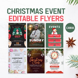 May include: A set of six editable Christmas event flyers featuring festive designs. The flyers include themes like an ugly sweater party, Christmas carols, a cookie exchange party, and a Christmas countdown. The flyers are designed in Canva.