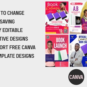 Puede incluir: Cinco plantillas Canva coloridas para un evento de lanzamiento de libro. Las plantillas presentan una portada de libro morada, un fondo rosa y texto que dice "Lanzamiento de libro", "Lanzamiento de libro", "D&iacute;a de la Mujer A.B" y "Lanzamiento oficial de libro y firma de libros".