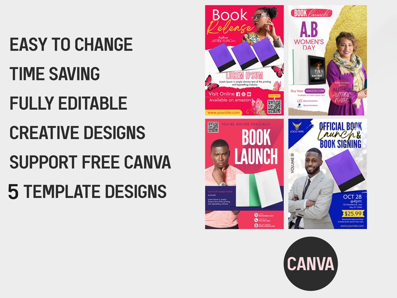 Puede incluir: Cinco plantillas Canva coloridas para un evento de lanzamiento de libro. Las plantillas presentan una portada de libro morada, un fondo rosa y texto que dice "Lanzamiento de libro", "Lanzamiento de libro", "D&iacute;a de la Mujer A.B" y "Lanzamiento oficial de libro y firma de libros".