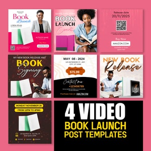 May include: Four video templates for book launches. The templates feature a variety of colours and designs, including black, white, green, red, and gold. The templates include text such as "Book Launch", "New Book Release", "Book Signing", and "Release Date".