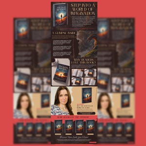 May include: A book cover with a dark blue background and a person standing on a path in a forest. The title of the book is "Fiction Motivity" and the text "Step into a world of imagination" is below the title. The book cover also includes a glimpse inside the book, a section about why readers love this book, and a section with more books by the author.