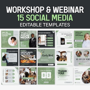 May include: A set of 15 editable social media templates for workshops and webinars. The templates feature a green and black color scheme with text that includes "Workshop & Webinar", "15 Social Media", "Editable Templates", "Digital Marketing Expert", "Mastering Social Media", "Early Bird", "Countdown", "Thank You", "Special Guest Speaker", "Attending", "We Are Live Now", "Last Chance to Register", and "Get Our Exclusive Ebook on Social Media Strategies".