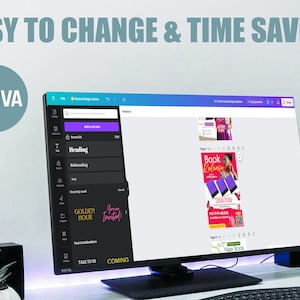 Puede incluir: Una captura de pantalla del sitio web de Canva que muestra una plantilla de dise&ntilde;o para un anuncio de lanzamiento de libro. La plantilla presenta un fondo rosa con una foto de una mujer que lleva un vestido rosa y sostiene un libro. El texto "Book Release" est&aacute; escrito en letras blancas sobre un fondo morado. El texto "Golden Hour" y "You're Invited!" tambi&eacute;n son visibles en la pantalla.